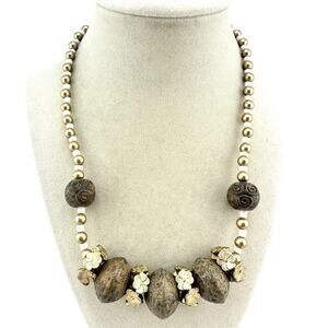 Boho Chunky Beads Faux Unakite Earth Tones Gold Tone 20” Fashion Necklace